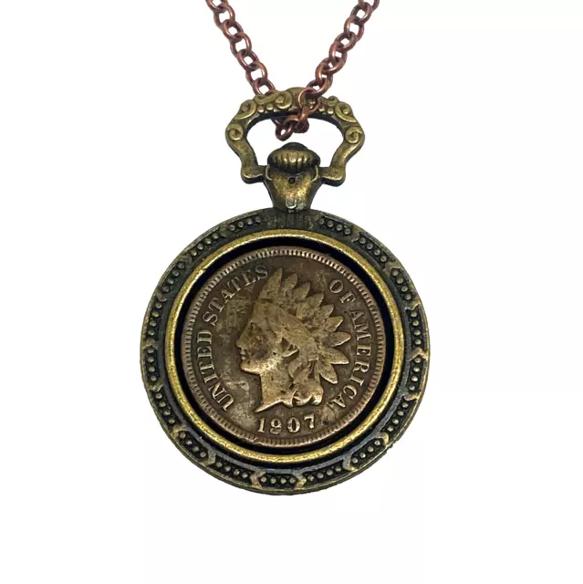 Indian Head Penny Necklace Set in a Bronze Colored Pocket Watch Style Bezel