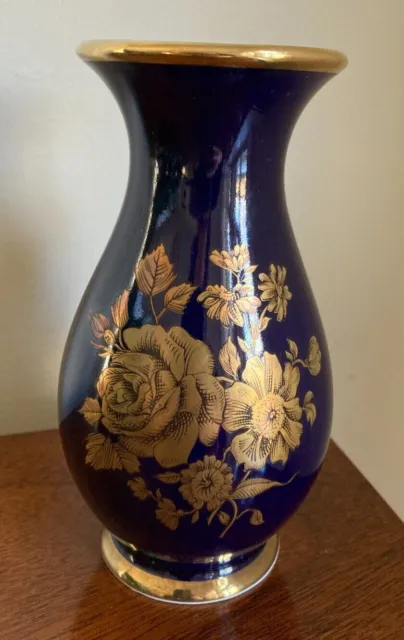 Royal Porzellan Bavaria KPM Germany Echt Cobalt Vase with Gold Flowers - 6.5" H