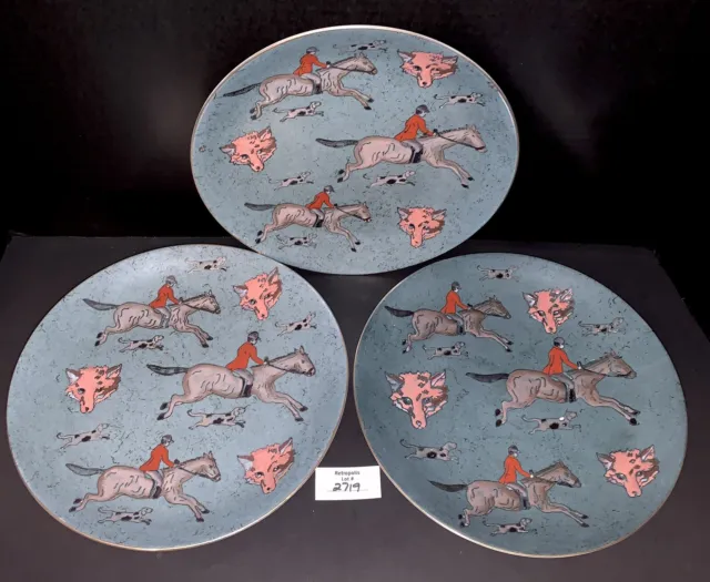 3 Equestrian Horse Fox Hunt Dog Plates Hand Painted Oklahoma Importing Co