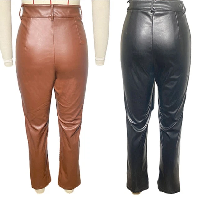 Must Have Autumn Fashion Nuovi pantaloni vita alta in pelle poliuretano marrone