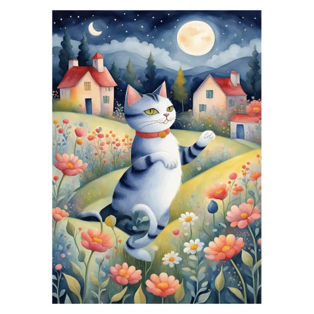 ACEO ATC Art Card Watercolor Print Moonlit Whimsy A Folk Art Cat Limited Edition