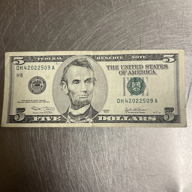 2003 $5 Five Dollar Bill Federal Reserve Note  Vintage Rare 20 Years Old