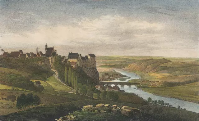 LEISNIG - Gesamtansicht mit Burg Mildenstein - Lithographie um 1840