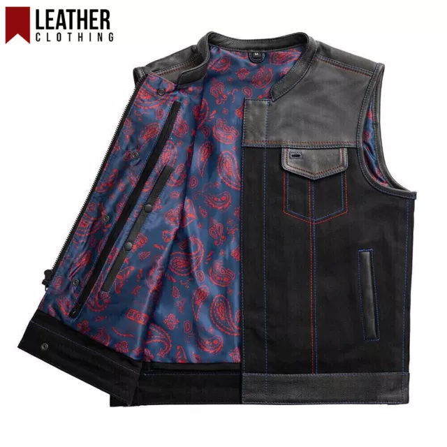 Men's Black Denim Leather Vest Purple Paisley Lining & Red Stitching Bike Riding