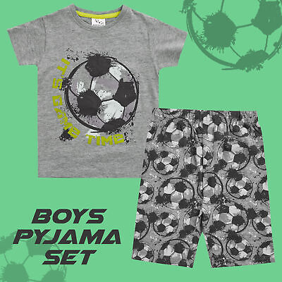 Boys Football Short Sleeved Pyjama Set Shorts Grey Cotton Rich PJs UK 2-13 Years