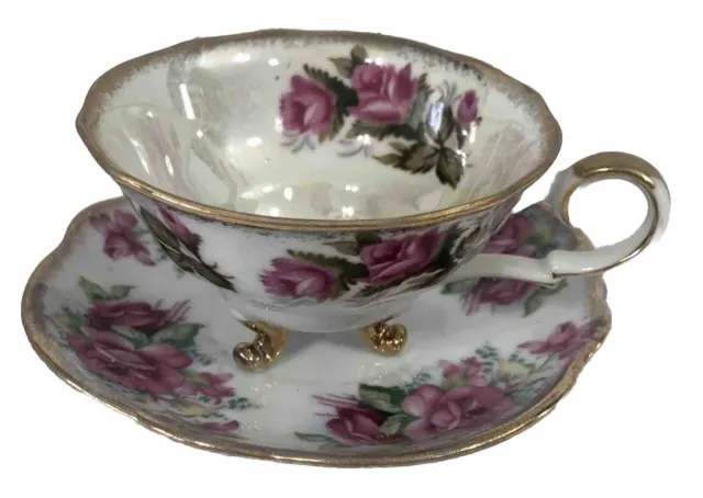 Napco 3 footed Tea cup & Saucer porcelain roses floral set vintage DD 239 pink