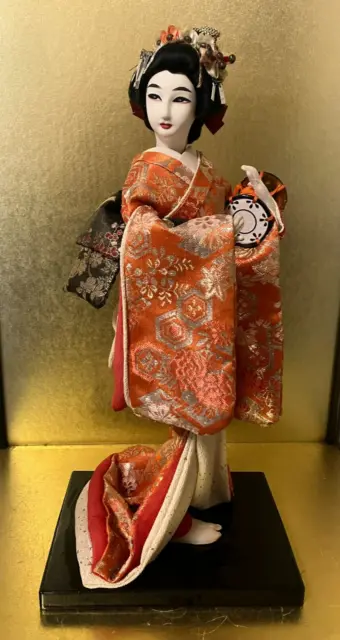 Vintage Japanese Gofun Doll Kimono Geisha Maiko Drum Folk Craft H: 14.9 in