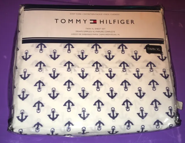 TOMMY HILFIGER Nautical/Anchor White/Navy Blue - TWIN XL SHEET SET