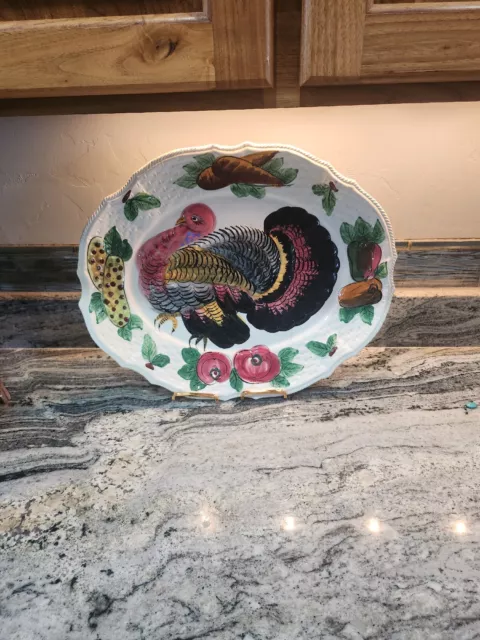 vintage italian majolica Glazed Turkey And Vegetable Serving Platter 21" L 2