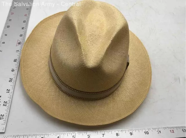 Stetson Mens Tan Woven Straw Wide Brim Leather Belt Trim Panama Hat 57 W/ Box