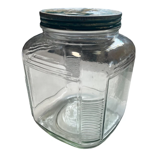 Vintage Hoosier Jar with Lid Square  Ribbed Canister Anchor Hocking 1 Gallon