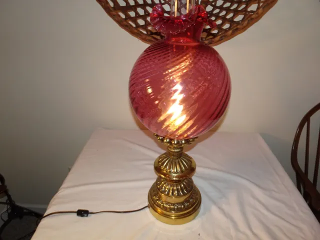 Vintage Fenton Cranberry Swirl Lamp Shade W/ Brass Plated Metal Base