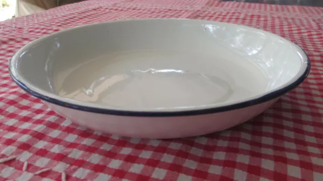 Vintage Enamel  Ware White Bowl or Dish navy blue Border