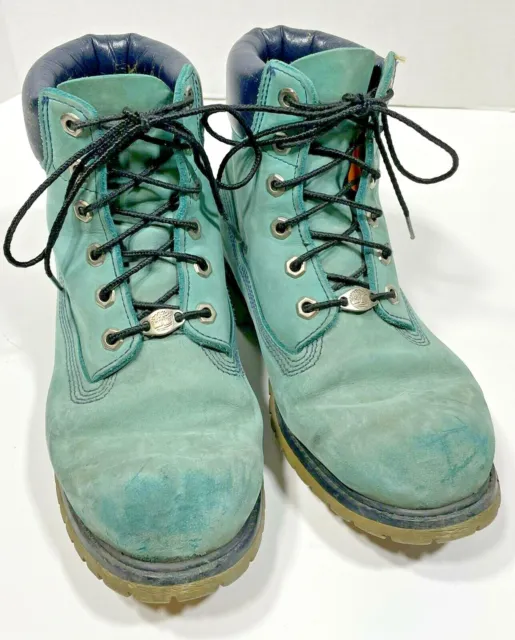 TIMBERLAND Womens 8 1/2” CUSTOM BOOTS Turquoise Blue High Top Leather Gray Sole