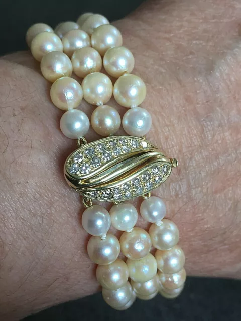 Perlenarmband dreireihig Armband Perlen 585er Gelbgold Verschluß 26 Brillanten