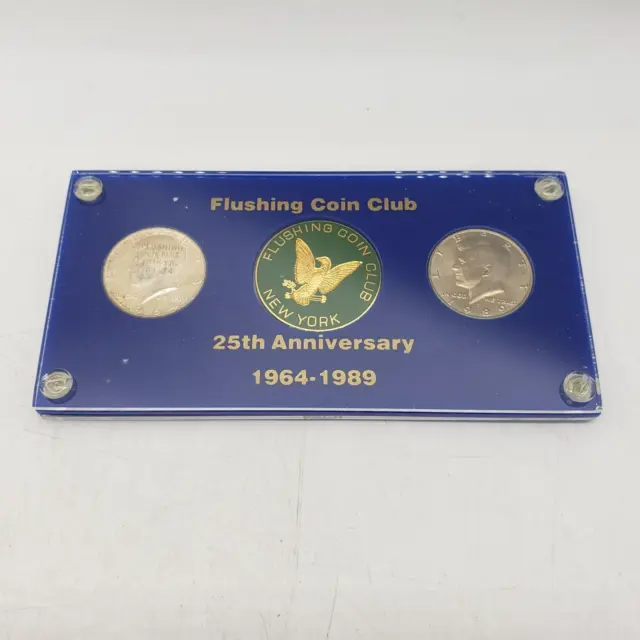 Vtg Flushing Coin Club 25th Anniversary 2 JFK Half Dollar Mounted Coins Set Of 3
