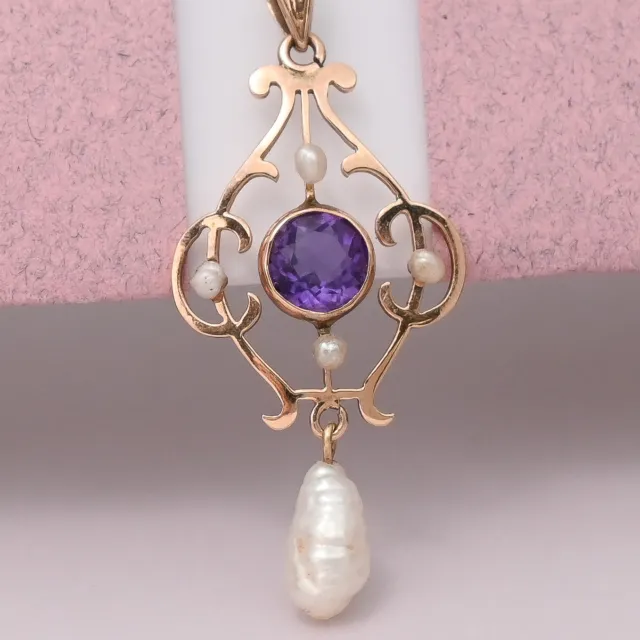 Antique Victorian Edwardian 10k Rose Gold Amethyst Pearl Lavaliere Pendant