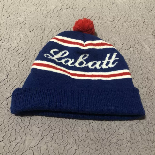 Labatt Beanie Red Pom Pom Winter Hat Blue Red White One Size Canadian Beer Blue