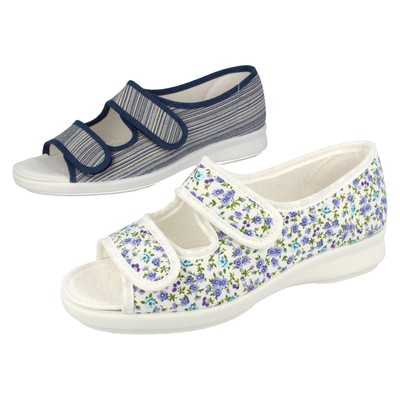 CORA Donna Floreale Lilla/Blu Navy a Righe in Tela Punta Aperta Sandali Estivi Easy B 