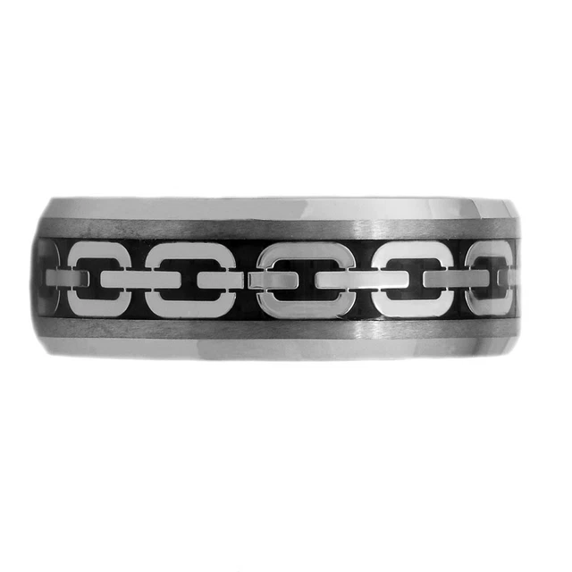 Tungsten 8mm Band Bevel Edge Men Silver Celtic Chain Engagement Wedding Ring
