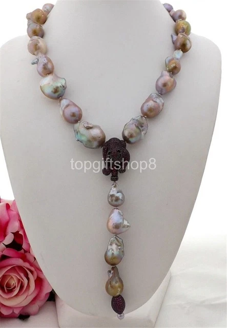 21" 18-22mm Purple Keshi south sea baroque Pearl Necklace CZ Pendant