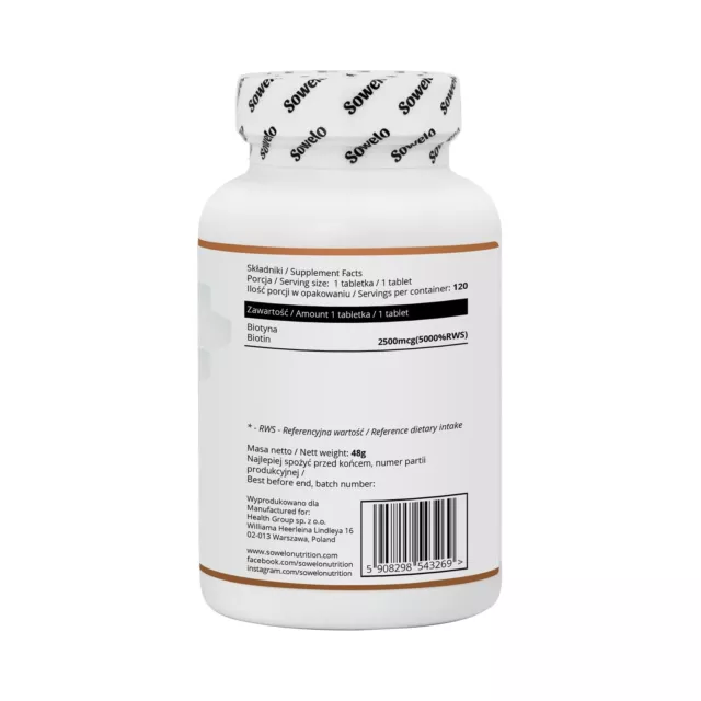 SOWELO BIOTIN VITAMINA B7 2500mcg TABLETAS 2