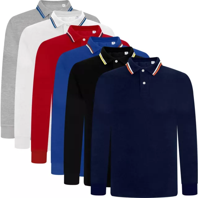 Mens Long Sleeve Cotton Pique Tipping Polo Shirt Long Sleeve Top T Shirt S-4XL