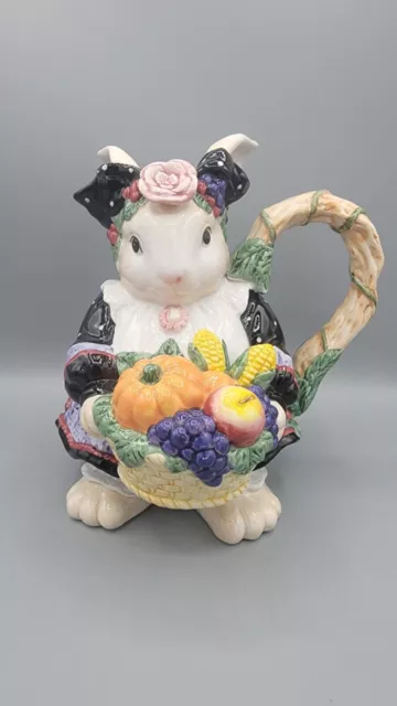 Fitz and Floyd 1¼ Qt Ceramic Pitcher Bunny Rabbit Harvest Basket Vintage 1993