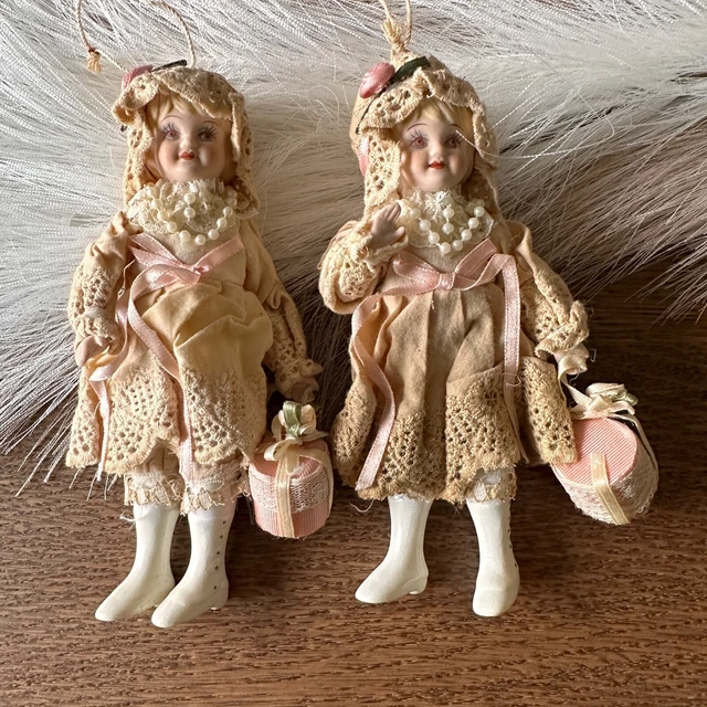 Vintage Twin Bisque Doll Ornaments Linen Eyelet Dress 6"
