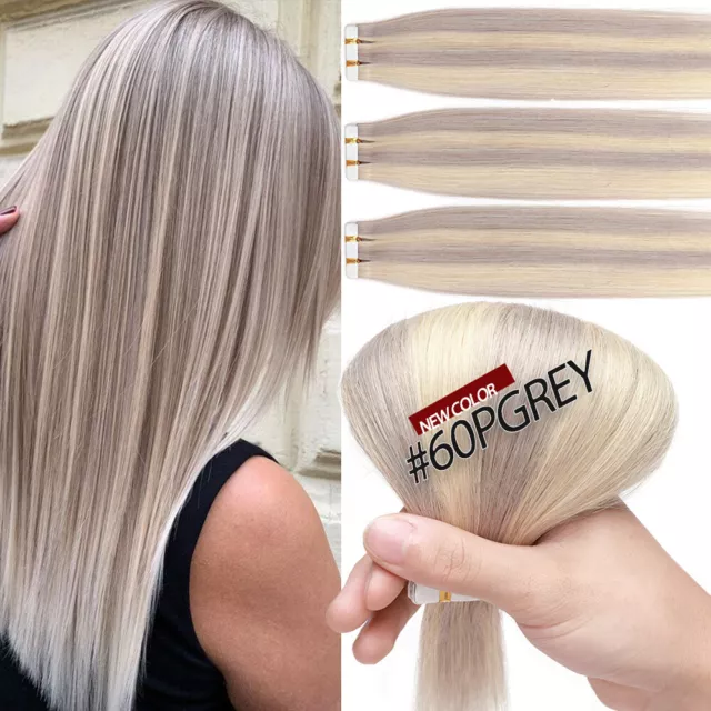 THICK Russian Tape In Human Hair Extensions Real Remy Skin Weft GREY FULL HEAD