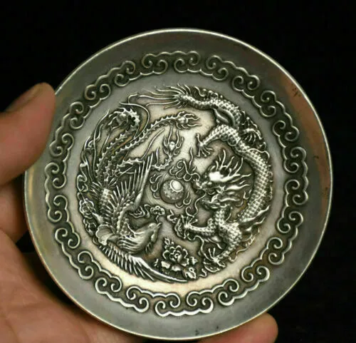 3.8” Old China Miao Silver Qianlong Mark Dynasty Palace Dragon Phoenix Tray Bowl