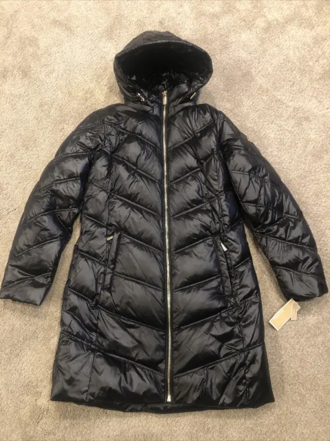 NWT Michael Kors Women's Hooded Quilted Down Parka Long Jacket Black Size S L