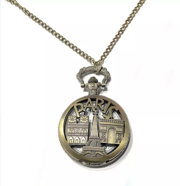 Antique Bronze 45mm Paris Eiffel Design Pendant Pocket Locket Watch Necklace