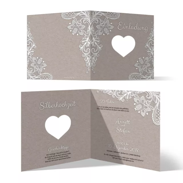 Lasergeschnittene Hochzeitseinladungen Silberhochzeit - Rustikal Kraftpapier