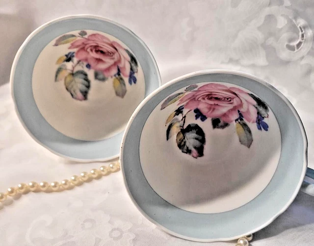 RARE VINTAGE PARAGON Cabbage Rose Orphan Tea cups Soft Blue Double ...