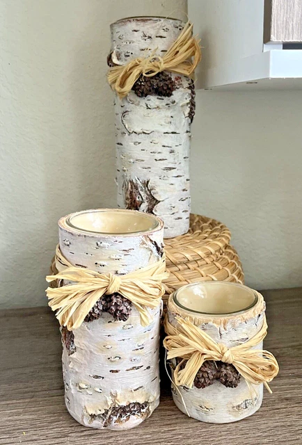Set Of 3 "Birch" Candle Holders- With Glass Inserts, Rustic, Woodsy, Holiday Dec