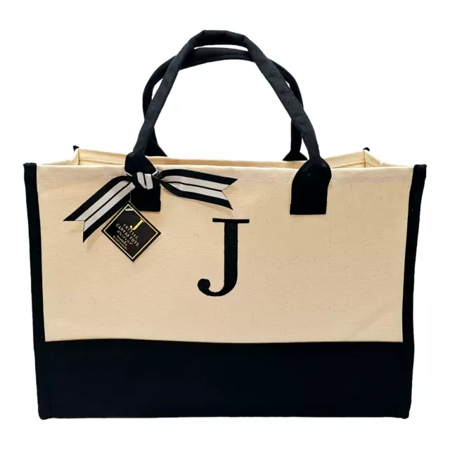 Mud Pie Classic Black and White Initial Canvas Tote Bag ( J ) 17" x 7.5" x 11.5"