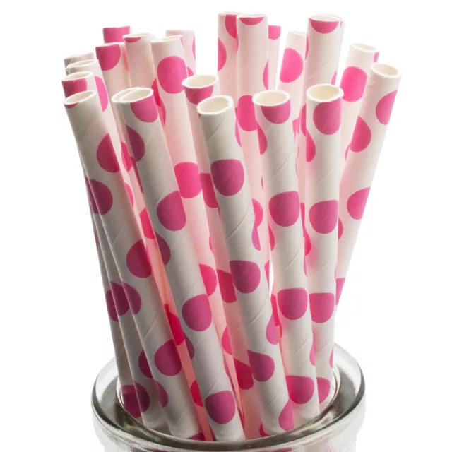 Large Pink Polka Dot Paper Straws x 25 Retro Drinking Cocktail Party Barbecue