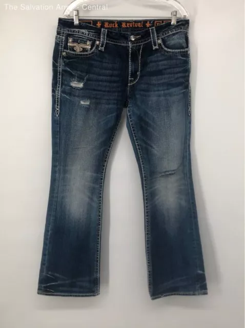 Rock Revival Womens Blue Easy Distressed Medium Wash Denim Bootcut Jeans Size 31
