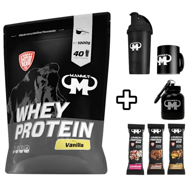 Whey Protein 1000 g Eiweiß Molke 40 Portionen von Mammut + Gratisartikel