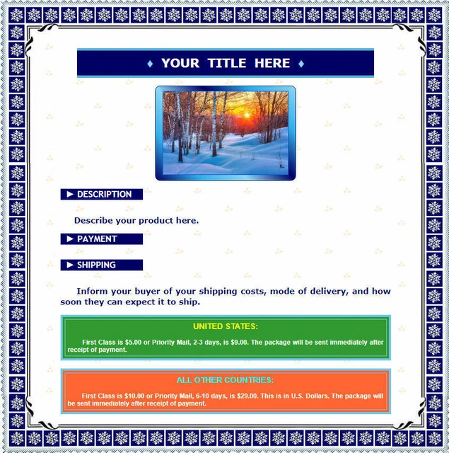 AUCTION TEMPLATE SNOWFLAKES Border Design FREE Email Shipping 1 99 