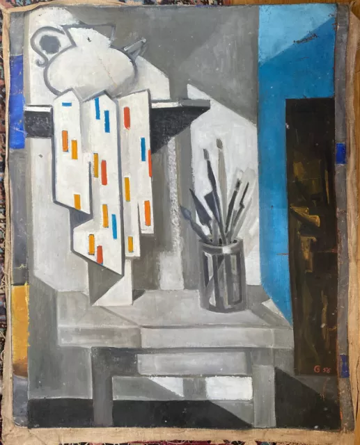 Tableau HST cubiste par Guy Feinstein (né en 1929) "L'atelier de l'artiste" 1956