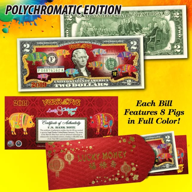 2019 CNY Chinese New YEAR OF THE PIG Polychromatic 8 COLOR Pigs $2 U.S. Bill RED