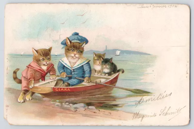 1904 Cats Postcard French 4 kitty Cats Kittens Row Boat Undivided Posted Paris