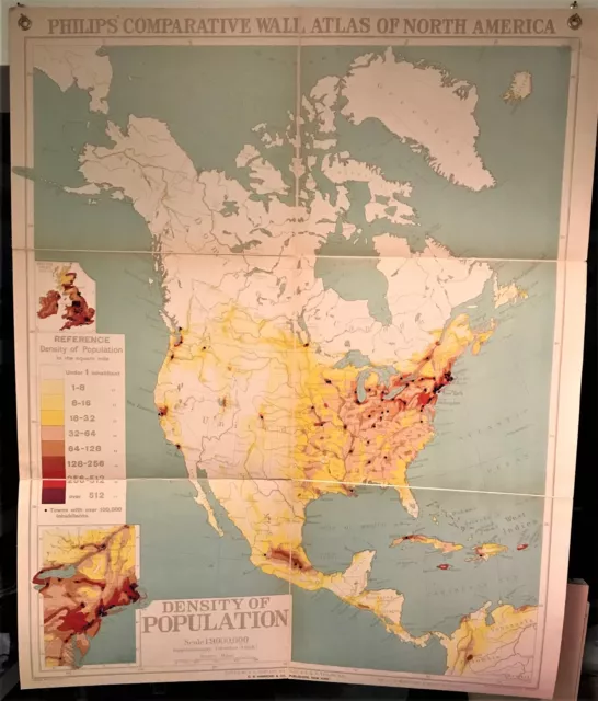 Original 1921 Philips' Comparative WALL Atlas ~ NORTH AMERICA POPULATION Map