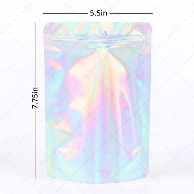 5.5x7.75in Glossy Holographic Silver Foil Mylar Stand Up Zip Lock Bag &Desiccant 2