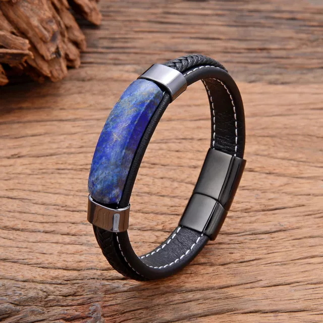 Pulsera de cuero trenzado para hombre, brazalete con piedra de ojo de tigre