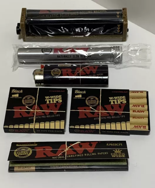 RAW BLACK KING WIDE SIZE Papers, W-Wide Tips, Adj. Roller, Lighter, Storage Tube