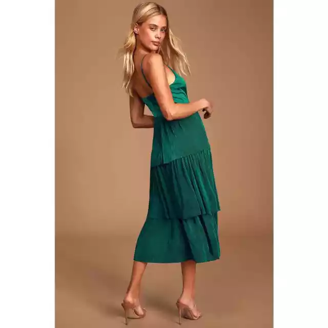 Captivating Story Emerald Green Pleated Satin Tiered Midi Dress Size XS