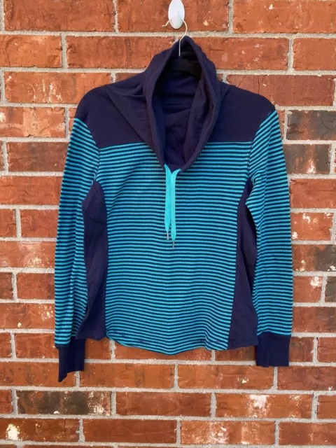 Eddie Bauer Womens Large Turquoise Navy Stripe Cowl Neck Ribbed Long Sleeve Top